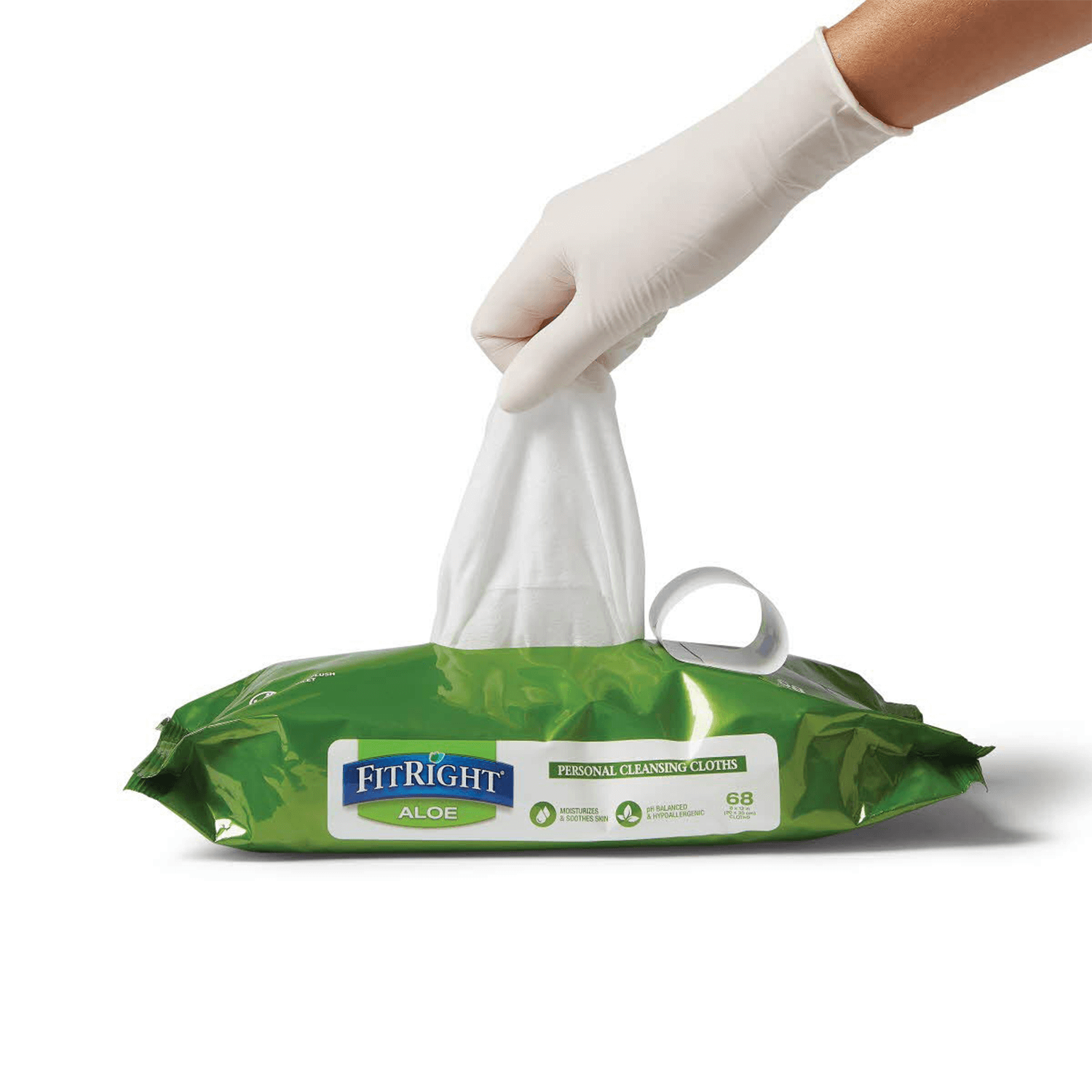 Hand reaching for FitRight Adult Cleansing Wipes