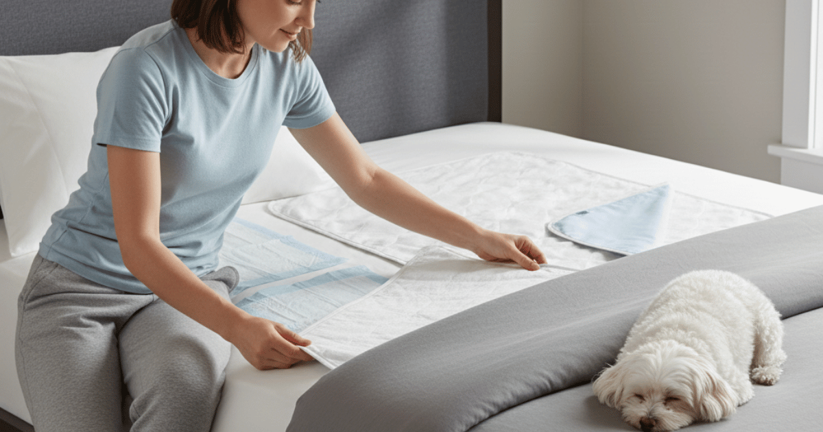 Woman setting up incontinence underpads