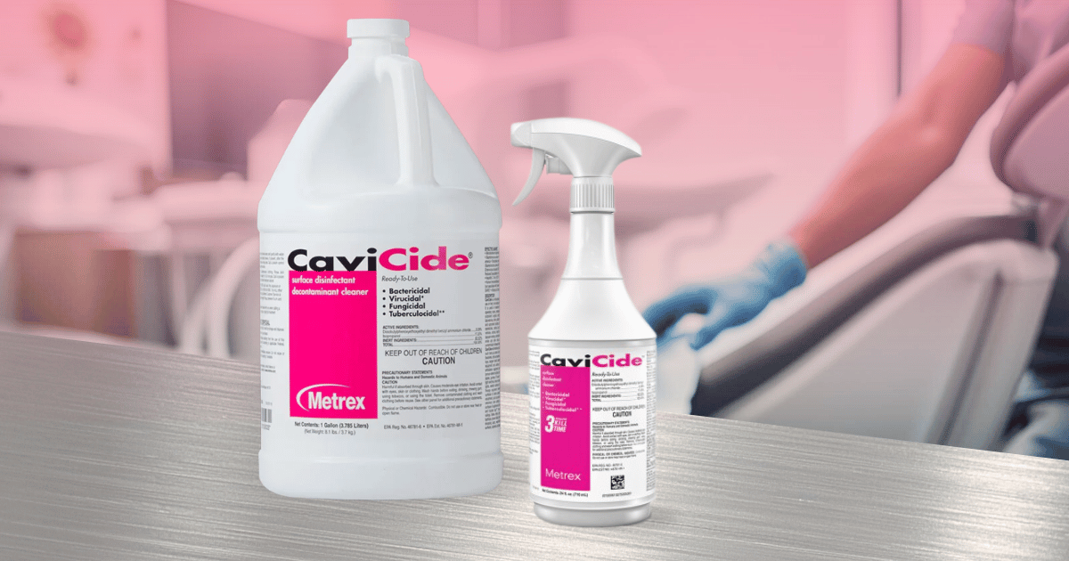 Metrex CaviCide one-gallon jug and 24oz spray bottle on a metal surface in a professional medical office