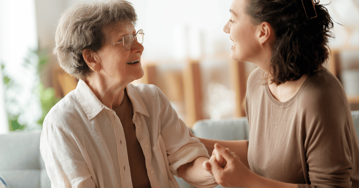 A caregiver woman caring for her mother with caregiver essentials